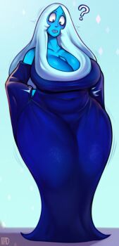 1girl ? between_breasts blue_diamond_(steven_universe) blue_eyes blue_hair blue_skin breasts cleavage colored_skin curvy dress female_focus full_body highres huge_breasts long_hair looking_down madheaven plump solo steven_universe thick_thighs thighs wide_hips