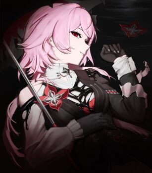 1girl black_background black_flower black_gloves black_jacket breasts evernight_(honkai:_star_rail) evil_smile flower gloves hair_flower hair_ornament half-jacket highres hofmus_(hofmuss458) honkai:_star_rail honkai_(series) jacket long_hair looking_at_viewer lying march_7th_(honkai:_star_rail) medium_breasts on_back pink_hair red_eyes red_flower single_bare_shoulder smile solo umbrella_over_shoulder vignetting