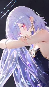 1girl artist_name bare_shoulders breasts cleavage closed_mouth colored_eyelashes commentary dark_background dress earrings from_side grey_hair halo hashtag-only_commentary highres jewelry knees_up long_hair looking_at_viewer looking_to_the_side medium_breasts mihan_(mihan_art) mornye_(wuthering_waves) no_jacket purple_dress red_eyes see-through_body sitting solo triangle_earrings wuthering_waves