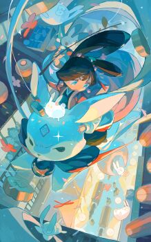 Rule 34 | 1girl, absurdres, animal ears, bag, bilibili logo, blue eyes, blue gem, box, brown hair, cake, chinese clothes, chinese commentary, commentary request, dropping, flower, food, gem, highres, holding, holding food, horse, jumping, lamp, mid-autumn festival, nemo (ani1995), original, pink flower, procreate (medium), rabbit, rabbit ears, rabbit girl, red flower