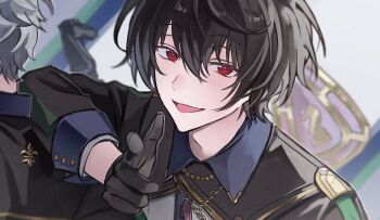 Rule 34 | 2boys, arm on another's shoulder, black gloves, black hair, black shirt, blush, chain, chess piece, collared shirt, commentary request, contrast collar, ensemble stars!, fleur-de-lis, gloves, gold chain, grey hair, hair between eyes, hamkoong, jewelry, knight (chess), korean commentary, long sleeves, looking at viewer, male focus, multicolored shirt, multiple boys, necklace, open mouth, photo-referenced, pointing, pointing at viewer, portrait, red eyes, sakuma ritsu, sena izumi (ensemble stars!), shirt, sleeve cuffs, solo focus, strap, white shirt