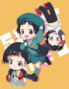 1girl aqua_hat aqua_skirt bag beret black_bag black_hair black_leggings black_shoes blue_eyes blue_sleeves child clenched_hands collared_shirt commentary_request dragon_ball dragon_ball_super dress_shirt fingerless_gloves gloves green_socks green_sweater grin hand_on_own_hat hat highres leggings loafers long_sleeves machico_maki messenger_bag multiple_views navel orange_background pan_(dragon_ball) raglan_sleeves red_gloves red_shoes shirt shoes short_hair short_sleeves shoulder_bag skirt smile socks stomach sweater t-shirt white_shirt