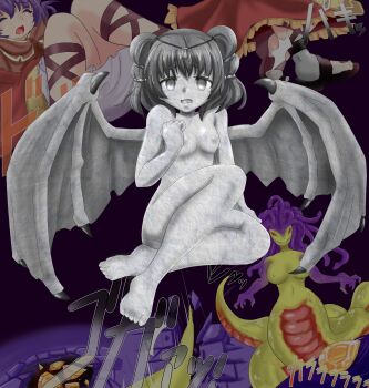 1girl absurdres alternate_costume ankle_lace-up arm_support azenmei bad_end breasts broken broken_weapon brown_capelet brown_coat capelet circlet closed_eyes coat cross-laced_clothes cross-laced_legwear crystal defeat dragon_girl dragon_wings dragonstone dress fallen_down female_focus fire_emblem fire_emblem:_the_sacred_stones fire_emblem_heroes foot_focus fringe_trim full_body gem gold_trim hair_ornament hair_tie hand_on_own_chest hand_up high-low_skirt highres hood jewelry long_hair looking_at_viewer monster multi-tied_hair multicolored_coat multiple_views myrrh_(fire_emblem) nintendo nude official_alternate_costume open_mouth pain pale_skin petrification purple_hair red_coat sandals scared sequential shin_strap short_dress sitting small_breasts snake_hair solo_focus statue stone stone_floor tearing_up tears toeless_footwear toes tripping twintails weapon white_dress wince wings