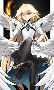 1girl angel_wings anklet besmiled black_pantyhose blonde_hair bracelet breasts bridal_gauntlets commentary dress english_commentary fate/grand_order fate_(series) feathered_wings feet fire headpiece highres jeanne_d'arc_(fate) jewelry juliet_sleeves large_breasts long_hair long_sleeves looking_at_viewer metatron_jeanne_(fate) metatron_jeanne_(third_ascension)_(fate) multiple_wings pantyhose puffy_sleeves solo thighs very_long_hair white_dress wings yellow_eyes
