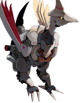 absurdres animal_focus bird closed_mouth commentary_request exhaust_pipe full_body gen_2_pokemon glowing glowing_eyes highres joints looking_at_viewer mechanization nintendo no_humans non-humanoid_robot original pokemon pokemon_(creature) robot robot_animal robot_joints science_fiction simple_background skarmory solo standing white_background yellow_eyes yunimaru