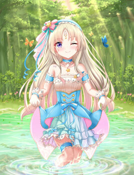 1girl ;) absurdres blonde_hair blue_choker blue_hairband blush bug butterfly chinese_commentary choker civia closed_mouth clothes_grab commentary_request denfunsan dress gloves hairband highres hololive hololive_china insect looking_at_viewer one_eye_closed partially_submerged purple_eyes smile solo star_(symbol) tattoo teeth tongue unicorn_horn upper_teeth_only virtual_youtuber water white_gloves