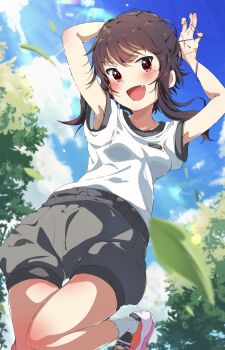 1girl alternate_costume armpit_peek armpits arms_behind_head black_hair blush collarbone commentary_request day fang foot_out_of_frame from_below grass grey_shorts hair_tie highres kono_subarashii_sekai_ni_shukufuku_wo! lens_flare looking_at_viewer megumin nazonaji open_mouth outdoors red_eyes shirt shoes short_hair_with_long_locks short_sleeves shorts sky smile sneakers solo standing standing_on_one_leg thigh_gap tree tying_hair white_shirt