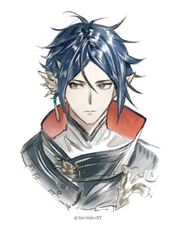 1boy arknights blue_hair closed_mouth cropped_shoulders hair_between_eyes high_collar highres looking_to_the_side male_focus parted_bangs pointy_ears short_hair sideways_glance simple_background solo tacotako twitter_username white_background zuo_le_(arknights)