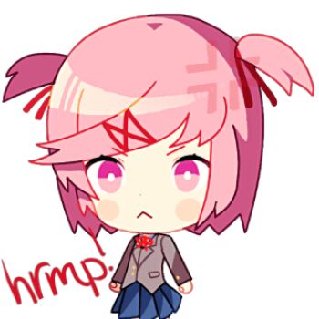 &gt;:( 1girl :&lt; anger_vein angry animated animated_png artist_request blinking blue_skirt chibi chibi_only coat cowboy_shot doki_doki_literature_club english_text grey_coat hair_ornament hairclip lowres natsuki_(doki_doki_literature_club) neck_ribbon official_art pink_eyes pink_hair ribbon short_hair skirt solo two_side_up v-shaped_eyebrows