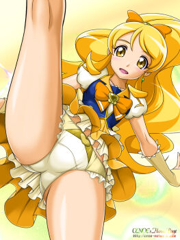 10s 1girl bad_id bad_pixiv_id blonde_hair bow bowtie brooch cure_honey female_focus hair_bow happinesscharge_precure! heart heart_brooch jewelry kicking kneepits leg_up long_hair magical_girl onoe oomori_yuuko orange_skirt panties pantyshot precure skirt smile solo underwear upskirt wide_ponytail wrist_cuffs yellow_eyes yellow_panties