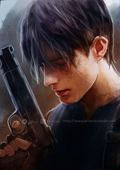 1boy black_gloves blue_shirt brilcrist closed_eyes finger_on_trigger fingerless_gloves gloves gun hair_between_eyes handgun harness holding holding_gun holding_weapon infection instagram leon_s._kennedy male_focus parted_lips resident_evil resident_evil_4 resident_evil_4_(remake) shirt short_hair solo sweat tumblr_username twitter_username upper_body watermark weapon wet