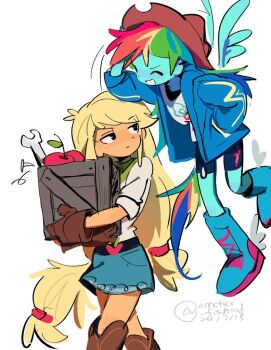 2girls apple applejack arrcticc_fish belt blonde_hair blue_footwear blue_jacket blue_shorts blue_skin blue_skirt boots box brown_footwear brown_gloves closed_eyes colored_skin food freckles fruit gloves jacket long_hair looking_at_another multicolored_hair multiple_girls my_little_pony my_little_pony:_equestria_girls my_little_pony:_friendship_is_magic open_clothes open_jacket orange_skin ponytail rainbow_dash rainbow_hair apple shirt shoes shorts simple_background skirt smile tan tools twitter_username white_background white_shirt wings