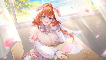 1girl :d absurdres bare_shoulders between_breasts blonde_streaks blue_eyes bow bowtie breasts chair cleavage clothing_cutout desk detached_collar detached_sleeves falling_petals flower flower_ornament from_side gem graffiti hair_flower hair_intakes hair_ornament hand_on_own_cheek hand_on_own_face hand_on_table head_rest heart highres jewelry large_breasts letter long_hair looking_at_viewer looking_to_the_side multicolored_hair navel navel_cutout official_alternate_costume official_alternate_hair_length official_alternate_hairstyle official_art official_wallpaper on_chair open_mouth ornate_ring petals pink_flower pink_petals pink_rose red_gemstone revealing_clothes ring rose rose_petals school_desk second-party_source see-through_clothes see-through_veil sitting sky smile snowbreak:_containment_zone solo strap_between_breasts streaked_hair tess_kotkin tree veil white_bow white_bowtie white_veil window