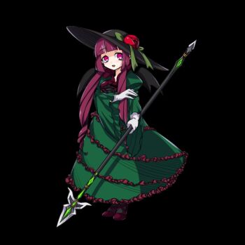 1girl black_background black_hat bow dress frilled_dress frills full_body gloves green_bow green_dress hat hat_bow high_heels highres holding holding_polearm holding_weapon large_hat long_dress long_hair long_sleeves low_twintails merc_storia merc_storia_art_team official_art photon_(merc_storia) pink_eyes polearm puffy_long_sleeves puffy_sleeves purple_hair red_shoes shoes sidelocks simple_background solo standing tachi-e twintails weapon white_gloves wide_sleeves