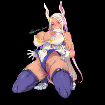 1girl animal_ears areola_slip bare_shoulders blush boku_no_hero_academia breasts breasts_out cleavage clenched_teeth covered_navel dark-skinned_female dark_skin fur-trimmed_collar fur_trim gloves grin highleg highleg_leotard highres housou-kun huge_breasts kneeling leotard leotard_pull long_eyelashes long_hair long_labia looking_down mirko muscular muscular_female narrowed_eyes open_clothes pink_eyes puffy_nipples purple_thighhighs rabbit_ears rabbit_girl rabbit_tail simple_background smile solo tail teeth thighhighs twitter_username white_gloves white_hair