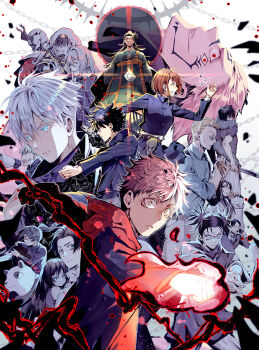 Rule 34 | 4 eyes, 5girls, 6+boys, angry, black hair, blonde hair, blue eyes, chain, choso (jujutsu kaisen), clenched teeth, cursed energy (jujutsu kaisen), cursed spirit (jujutsu kaisen), dagon (jujutsu kaisen), face paint, facial tattoo, fushiguro megumi, fushiguro touji, getou suguru, getou suguru (kenjaku), glasses, gojou satoru, green hair, hanami (jujutsu kaisen), ieiri shoko, ijichi kiyotaka, inumaki toge, itadori yuuji, jogo (jujutsu kaisen), jujutsu kaisen, jujutsu tech uniform, kugisaki nobara, kuji-in, mahito (jujutsu kaisen), megaphone, multiple boys, multiple girls, nanami kento, nue (jujutsu kaisen), okkotsu yuuta, orange hair, orimoto rika, panda (jujutsu kaisen), pink hair, prison realm (jujutsu kaisen), ryoumen sukuna (jujutsu kaisen), sharp teeth, sword, tattoo, teeth, weapon, white background, white hair, worrisorochi, yellow eyes, zen'in maki