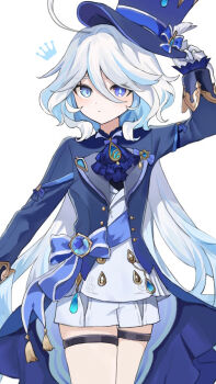 Rule 34 | 1girl, adjusting clothes, adjusting headwear, ahoge, ascot, blue ascot, blue bow, blue eyes, blue gem, blue hair, blue hat, blue jacket, blue pupils, blue ribbon, blush, bow, closed mouth, commentary request, crown (symbol), dot nose, eyelashes, furina (genshin impact), gem, genshin impact, hat, heterochromia, highres, jacket, long hair, long sleeves, multicolored hair, open clothes, open jacket, ribbon, shirt, short shorts, shorts, simple background, solo, tarano0125, thigh strap, top hat, two-tone hair, white background, white hair, white shirt, white shorts