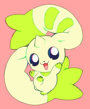 Rule 34 | blue eyes, chibi, digimon, digimon (creature), extyrannomon, full body, green fur, highres, horns, looking at viewer, no humans, open mouth, pink background, simple background, single horn, solo, terriermon, two-tone fur