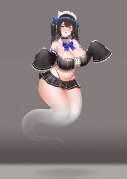 1girl absurdres alternate_breast_size_(larger) alternate_costume alternate_form apron bare_shoulders black_hair black_panties black_sleeves blue_hair blush breasts cipher4109 cleavage closed_mouth colored_inner_hair commentary detached_sleeves dress english_commentary frills full_body ghost_girl ghost_tail highres hololive hololive_english indie_virtual_youtuber large_breasts long_hair long_sleeves looking_at_viewer maid maid_apron maid_headdress mint_fantome mole mole_under_eye multicolored_hair navel nerissa_ravencroft one_eye_closed open_mouth panties red_eyes smile solo string_panties thighs two-tone_hair underwear very_long_hair virtual_youtuber