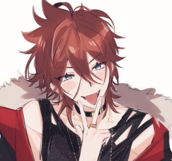 1boy amagi_rinne black_choker black_tank_top blue_eyes choker ensemble_stars! jacket jacket_partially_removed jewelry looking_at_viewer male_focus red_hair red_jacket ring sketch solo sushi_171 tank_top teeth tongue tongue_out white_background