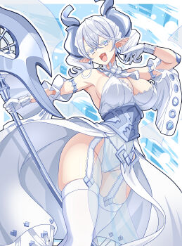 Rule 34 | 1girl, absurdres, armlet, armored corset, armpit crease, armpits, blush, breasts, cleavage, commentary request, daiichi (k daiiti), demon girl, demon horns, demon wings, dress, drill hair, duel monster, earrings, gloves, grey eyes, grey hair, hair between eyes, highres, holding, holding polearm, holding weapon, horns, jewelry, lovely labrynth of the silver castle, open mouth, pointy ears, polearm, smile, solo, strapless, strapless dress, thick thighs, thighs, transparent wings, twin drills, weapon, white dress, white gloves, wings, yu-gi-oh!