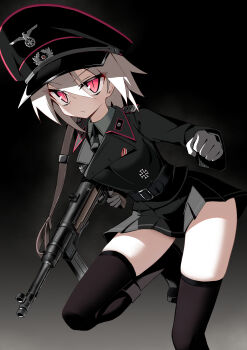 1girl absurdres belt black_belt black_jacket black_necktie black_skirt blonde_hair clenched_hand collared_shirt commentary_request cross gradient_background gun hair_between_eyes hat highres holding holding_gun holding_weapon iron_cross jacket jiseki_rena looking_at_viewer mp40 nazi necktie original peaked_cap pleated_skirt red_eyes red_trim reichsadler rena_(jiseki_rena) shirt skirt solo submachine_gun thighhighs totenkopf trigger_discipline tsurime weapon