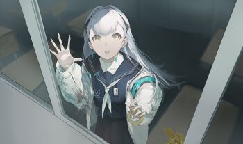 1girl absurdres ak-alfa_(girls'_frontline) black_serafuku black_shirt black_skirt cardigan commentary english_commentary feet_out_of_frame girls'_frontline girls'_frontline_2:_exilium grey_hair hand_up highres holding_tape id_card long_hair long_sleeves looking_at_viewer looking_up neckerchief official_alternate_costume open_cardigan open_clothes open_mouth school school_uniform serafuku shenme_niao_mingzi shirt skirt solo standing table tololo_(girls'_frontline_2) tololo_(horizon_cruise)_(girls'_frontline_2) white_cardigan white_neckerchief window yellow_eyes