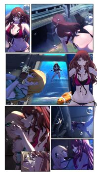 2girls absurdres air_bubble asphyxiation ass barefoot bikini biru_saeika black_panties blonde_hair breasts brick_wall brown_hair bubble cleavage closed_eyes construction dorothea_arnault drowned drowning fire_emblem fire_emblem:_three_houses fish french_kiss green_eyes highres holding_breath ingrid_brandl_galatea kiss large_breasts licking_lips medium_breasts multiple_girls nintendo panties ponytail red_bikini ruins ryona sinking swimming swimsuit thighs tongue tongue_out underwater underwear water yuri