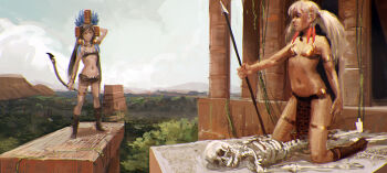 10s 2girls architecture bikini bikini_top_only black_hair black_rock_shooter black_rock_shooter_(character) boots bow_(weapon) cloud cloudy_sky day doyora flat_chest hair_ornament kneeling loincloth long_hair mesoamerican_architecture multiple_girls polearm rainforest realistic skeleton sky spear swimsuit temple thigh_strap tribal twintails weapon white_hair white_rock_shooter