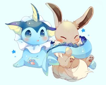 animal_focus blue_eyes blush closed_eyes eevee fins gen_1_pokemon head_fins highres nintendo no_humans open_mouth pawpads pokemon pokemon_(creature) simple_background solo star_(symbol) ushiina vaporeon