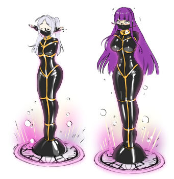 2girls bdsm bound breasts closed_eyes commission eudetenis fern_(sousou_no_frieren) frieren full_body grey_hair highres immobilization large_breasts latex long_hair magic_circle medium_breasts medium_hair multiple_girls pointy_ears purple_eyes purple_hair scared skin_tight sousou_no_frieren twintails very_long_hair white_background wide-eyed