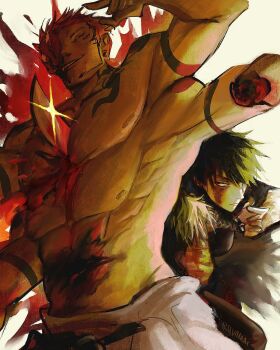 1boy 1girl blood blood_from_mouth extra_arms extra_eyes extra_nipples extra_pectorals grin highres jujutsu_kaisen ryoumen_sukuna_(jujutsu_kaisen) ryoumen_sukuna_(true_form)_(jujutsu_kaisen) ryunmaii scar scar_on_face serratus_anterior severed_hand short_hair smile sneak_attack stab stomach_mouth zen'in_maki zen'in_maki_(post_shibuya)