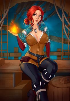 1girl breasts brown_eyes cleavage fire freckles hair_bun jewelry large_breasts lips looking_at_viewer necklace pyrokinesis red_hair sienna single_hair_bun smile the_witcher_(series) the_witcher_3 triss_merigold witch