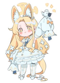 1girl :> animal_ear_fluff animal_ears animal_on_arm bird bird_on_arm blonde_hair blue_archive blush bow bright_pupils closed_mouth commentary_request detached_sleeves dress extra_ears flower full_body hair_flower hair_ornament halo long_hair long_sidelocks long_sleeves looking_at_animal orange_bow pantyhose seia_(blue_archive) sidelocks simple_background sleeveless sleeveless_dress sleeves_past_wrists solo standing uito_yzwa very_long_hair white_background white_bow white_dress white_flower white_pantyhose white_pupils white_sleeves yellow_eyes yellow_halo