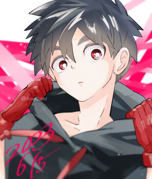 1boy black_hair dabu_(dabuchan) dated gloves highres kemono_jihen kusaka_kabane male_focus parted_lips portrait red_eyes red_gloves short_hair solo thick_eyebrows