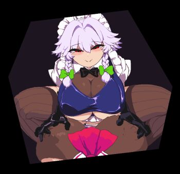 1futa 1girl adapted_costume alternate_breast_size animated animated_gif ascot bar_censor black_bow black_bowtie black_gloves bow bowtie braid breasts censored femdom futa_with_female futanari gloves grey_hair huge_breasts izayoi_sakuya large_breasts latex latex_gloves looping_animation maid maid_headdress namako_daibakuhatsu nipple_stimulation nipple_tweak nipples pantyhose penis pov pov_breasts pussy red_ascot red_eyes remilia_scarlet sex short_hair smile thick_thighs thighhighs thighs touhou twin_braids underboob vampire