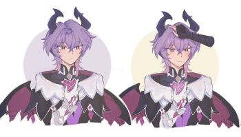 1boy armor black_bridal_gauntlets black_coat black_horns black_sleeves blush bridal_gauntlets bright_pupils cleavage_cutout closed_mouth clothing_cutout coat crossed_bangs diamond-shaped_pupils diamond_(shape) disembodied_hand dragon_horns dragon_wings eyelashes gem genshin_impact gloves hand_on_own_chest headpat heart highres horns japanese_armor kote kurokote kzscrpilled long_sleeves looking_at_viewer male_focus mandarin_collar mini_durin_(genshin_impact) mini_durin_(human)_(genshin_impact) pink_wings purple_gemstone purple_hair red_eyes scaramouche_(genshin_impact) sequential simple_background sketch symbol-shaped_pupils tsurime undershirt wanderer_(genshin_impact) white_background white_gloves white_pupils wings