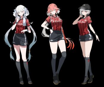 3girls absurdres baseball_cap black_background black_hat black_shoes black_shorts black_socks braid breasts changli_(wuthering_waves) closed_mouth colored_extremities commentary_request detached_hair grey_eyes grey_hair guest_art hair_extensions hair_ornament hair_rings hand_on_own_hip hand_up hat highres hisiya_(wldn1112) jinhsi_(wuthering_waves) kneehighs korean_commentary long_hair looking_at_viewer medium_breasts multicolored_hair multiple_girls pink_hair red_hands red_shirt ring_hair_extensions sanhua_(wuthering_waves) shirt shoes short_hair shorts simple_background soccer_uniform socks sportswear thighs towel towel_around_neck twin_braids twintails two-tone_hair very_long_hair white_hair wuthering_waves yellow_eyes