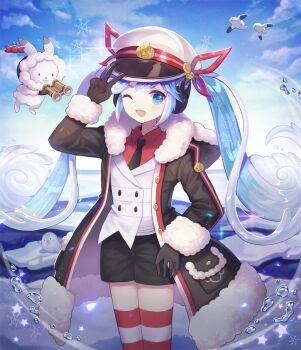 1girl 1other aqua_eyes aqua_hair arm_up binoculars black_coat black_gloves black_necktie black_shorts buttons coat collared_shirt double-breasted fur-trimmed_coat fur-trimmed_sleeves fur_trim gloves hair_ribbon hat hatsune_miku holding holding_binoculars long_hair lunaticmed necktie open_clothes open_coat open_mouth peaked_cap rabbit rabbit_yukine red_ribbon red_shirt ribbon sailor_hat seal_(animal) shirt short_shorts shorts snowflake_print striped_clothes striped_thighhighs thighhighs twintails very_long_hair vocaloid yuki_miku yuki_miku_(2022)