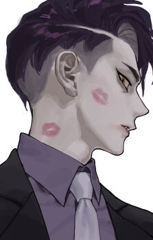 1boy black_jacket collared_shirt corbeau_(pokemon) highres jacket lipstick_mark lipstick_mark_on_face lipstick_mark_on_neck male_focus necktie nintendo no_eyewear parted_lips pkmnrkgk pokemon pokemon_legends:_z-a portrait purple_hair shirt short_hair simple_background solo yellow_eyes