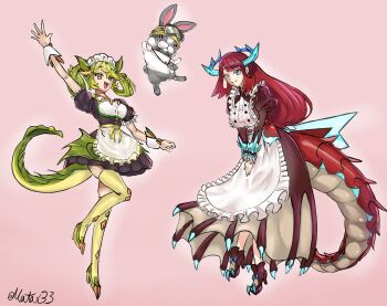 1other 2girls apron aqua_hair arm_up black_dress blush breasts chef commentary dragon_girl dragon_horns dragon_tail dragon_wings dress duel_monster english_commentary frilled_apron frills goggles goggles_on_head green_eyes highres horns kitchen_dragonmaid long_hair long_sleeves low-tied_long_hair low_wings maid maid_apron matax33 medium_breasts multiple_girls open_mouth parlor_dragonmaid pink_background puffy_long_sleeves puffy_short_sleeves puffy_sleeves rabbit red_hair rescue_rabbit short_sleeves simple_background smile tail thighhighs waist_apron white_apron wings wrist_cuffs yellow_thighhighs yu-gi-oh!