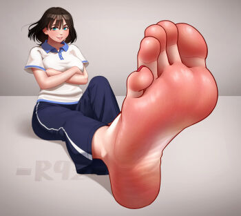 1girl absurdres barefoot black_hair blue_eyes crossed_arms feet highres looking_at_viewer medium_hair parted_lips r9z soles toes