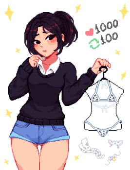 1girl absurdres animal_ear_hairband animal_ear_headband animal_ears animal_print artist_self-insert bell bikini black_bikini black_bow black_bowtie black_eyes black_sweater black_thighhighs blue_shorts blush bow bowtie brown_hair clothes_hanger collared_shirt commentary cow_ear_hairband cow_ears cow_horns cow_print cow_print_bikini cow_print_bowtie cow_print_thighhighs cowbell cowboy_shot denim denim_shorts dress_shirt english_commentary fake_animal_ears fake_horns gluteal_fold hairband hand_on_own_chin hands_up headband highres holding holding_clothes_hanger holding_swimsuit holding_unworn_clothes horns layered_shirt like_and_retweet long_sleeves looking_at_viewer messy_hair multicolored_bikini original parted_bangs parted_lips pixel_art ponytail print_bikini print_thighhighs shirt short_shorts shorts solo sparkle standing sweater swimsuit teeth thigh_gap thighhighs thighs turning_head twitter_strip_game two-tone_bikini two-tone_bow two-tone_bowtie two-tone_thighhighs undershirt unworn_bowtie unworn_hairband unworn_swimsuit unworn_thighhighs upper_teeth_only white_background white_bikini white_bow white_bowtie white_headband white_shirt white_thighhighs yumykon yumykon_(yumykon)