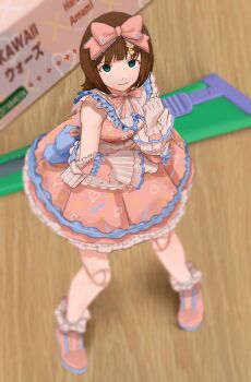 1girl absurdres amami_haruka blurry breasts brown_hair ch2haya_p character_doll closed_mouth depth_of_field detached_sleeves doll doll_joints dress figure frilled_dress frills from_above full_body gloves green_eyes hair_ribbon hand_up highres idolmaster idolmaster_(classic) idolmaster_starlit_season joints looking_at_viewer miniature model model_kit pink_dress pink_ribbon pink_shoes puffy_sleeves ribbon shoes short_hair solo standing sweet_dolls_(idolmaster) table toy white_gloves