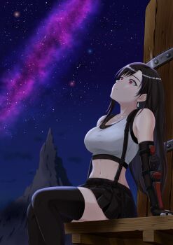 1girl absurdres aleister_(aleistoram) arm_support bare_shoulders black_gloves black_hair black_skirt black_thighhighs breasts closed_mouth commentary_request crop_top earrings elbow_gloves feet_out_of_frame final_fantasy final_fantasy_vii final_fantasy_vii_remake from_side gloves highres jewelry large_breasts long_hair looking_up midriff miniskirt mountain navel nibelheim night outdoors red_eyes single_arm_guard sitting skirt sky solo star_(sky) starry_sky suspender_skirt suspenders tank_top thighhighs tifa_lockhart water_tank white_tank_top zettai_ryouiki