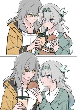 2girls absurdres alternate_costume bag black_jacket blue_eyes blue_hair blue_pupils blush border breasts bubble_tea burger closed_mouth collarbone collared_shirt commentary cup disposable_cup drinking drinking_straw eating english_commentary fingernails firefly_(honkai:_star_rail) food gradient_hair green_hairband green_ribbon green_sweater grey_hair hair_between_eyes hair_ornament hair_ribbon hairband hand_on_another&#039;s_shoulder hand_up highres holding holding_burger holding_cup holding_food honkai:_star_rail honkai_(series) jacket lapels leaf_hair_ornament long_hair long_sleeves medium_breasts multicolored_eyes multicolored_hair multiple_girls multiple_views open_clothes open_jacket open_mouth outside_border pink_eyes puffy_long_sleeves puffy_sleeves ribbon shirt sidelocks simple_background stelle_(honkai:_star_rail) sweater t-shirt trailblazer_(honkai:_star_rail) trap_(trap_2023) two-sided_fabric two-sided_jacket upper_body wavy_hair white_background white_border white_shirt yellow_eyes yellow_jacket yuri
