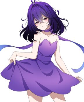 Rule 34 | 1girl, antenna hair, bare shoulders, choker, closed mouth, cowboy shot, cure arcana shadow, dress, hair intakes, half-closed eyes, head tilt, henshin, hidanoizumi, highres, holding own dress, looking at viewer, magical girl, medium hair, meitantei precure!, moria luluka, precure, purple choker, purple dress, purple eyes, purple hair, short dress, simple background, smile, solo, standing, strapless, strapless dress, white background