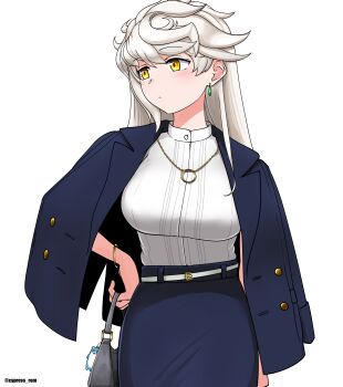 1girl absurdres alternate_costume alternate_hairstyle belt blue_jacket blue_skirt bokukawauso bracelet breasts cypress_(hinokidou) earrings gold_bracelet gold_necklace hair_down highres huge_breasts jacket jacket_on_shoulders jewelry kantai_collection long_hair necklace shirt skirt solo unryuu_(kancolle) very_long_hair wavy_hair white_belt white_hair white_shirt yellow_eyes