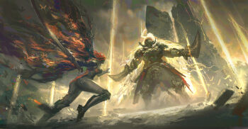 1girl 2boys absurdly_long_hair absurdres amputee armor blonde_hair brother_and_sister bug butterfly completely_nude elden_ring elden_ring:_shadow_of_the_erdtree fake_horns glowing gold_armor golden_sword half-siblings helmet highres holding holding_sword holding_weapon horned_helmet horns insect leo-dont-want-to-be-a-painter light_rays long_hair malenia_blade_of_miquella malenia_goddess_of_rot miquella_(elden_ring) multiple_boys nude ornate_armor promised_consort_radahn prosthesis prosthetic_arm prosthetic_leg red_hair siblings sleeveless_tunic starscourge_greatsword sword triple_amputee tunic very_long_hair wavy_hair weapon white_tunic yellow_aura