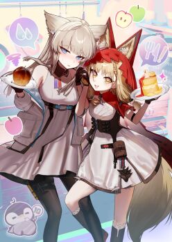 Rule 34 | 2girls, ahoge, animal ear fluff, animal ears, arknights, arknights: endfield, bare shoulders, belt, black boots, black gloves, black pantyhose, blonde hair, blue eyes, boots, cape, commentary request, dress, fingerless gloves, food, gloves, grey hair, highres, holding, holding hands, holding plate, hood, hood up, hooded cape, interlocked fingers, jacket, long hair, long sleeves, looking at viewer, multiple girls, off shoulder, open mouth, pancake, pancake stack, pantyhose, parted lips, perlica (arknights), plate, puffy long sleeves, puffy sleeves, red cape, rossi (arknights), sanzuitaroh, speech bubble, spoken object, spoken sweatdrop, sweatdrop, tail, thigh belt, thigh strap, white dress, white jacket, wolf ears, wolf girl, wolf tail, yellow eyes
